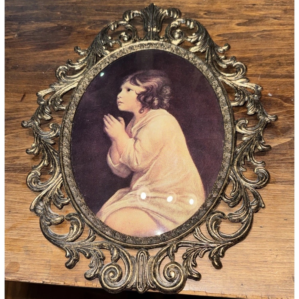 Vintage THE INFANT SAMUEL 13 x 10 wall art ITALY Brass Frame Convex Bubble Glass